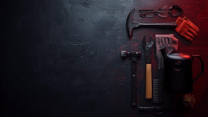 Hand tools, hammer and work gloves