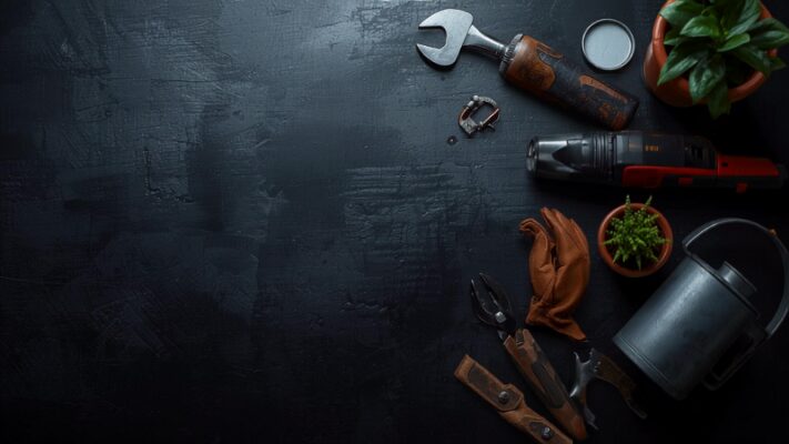 Wrench, watering can and potted plants